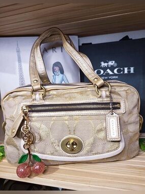 Coach VTG Metallic Gold Bonnie Linen Lurex Satchel Shoulder Handbag Purse #13502